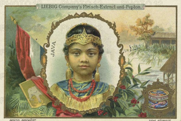 Series Children from foreign countries, Java, Liebig picture, digitally restored reproduction of a collector's picture from around 1900, public domain, exact date unknown, portrait of a woman from Java with traditional jewellery in front of a tropical backdrop