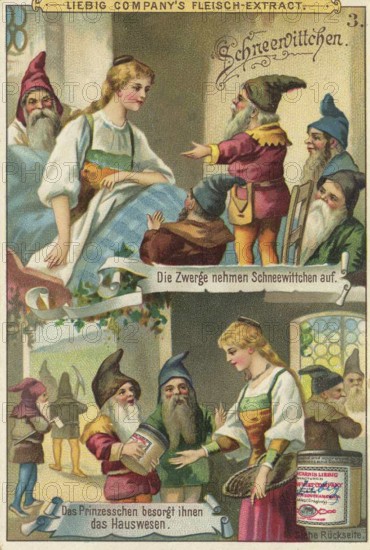 Picture series German fairy tales, Snow White, Liebig picture, digitally restored reproduction of a collector's picture from around 1900, public domain, exact date unknown, Snow White is kindly received and cared for by the dwarves