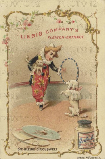 Picture series Kleine Die kleine Zirkuswelt, Liebig picture, digitally restored reproduction of a collector's picture from ca 1900, public domain, exact date unknown, A clown dresses for a dog dressage with hoops in a kitschy, nostalgic scene