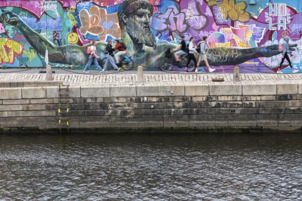 God of Greek mythology, Zeus, large graffiti on building fence, quay, harbour, Gothenburg, Västra Götalands län province, Sweden, Europe