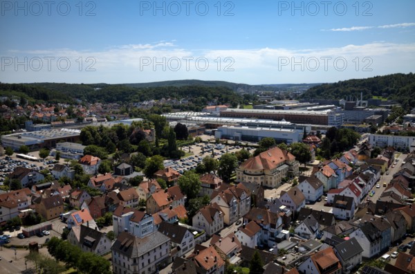 View of the Voith company, logo, industrial area, old town, Heidenheim an der Brenz, Baden-Württemberg, Germany, Europe