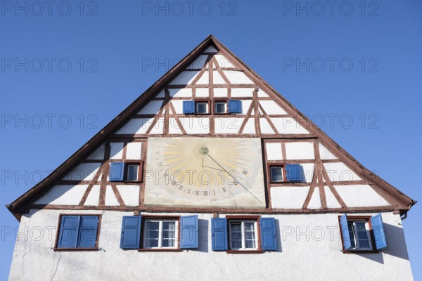 Historic half-timbered house with a sundial in the centre of Scheer, Danube Valley, Sigmaringen district, Baden-Württemberg, Germany, Europe