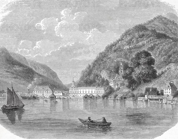 Historical, digitally restored reproduction from a 19th century original, Record date not stated, View of Ebensee am Lake Traun, around 1860, Upper Austria, Austria, Europe