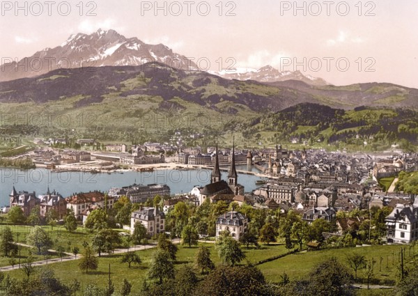 Pilatus and Lucerne, seen from Drei Linden, Lucerne, Switzerland, Historic, digitally restored reproduction from a 19th century original, Record date not stated, Europe