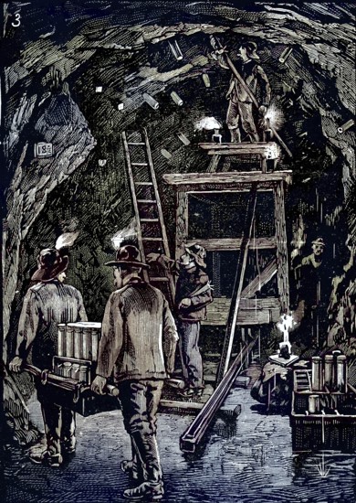 Workers position dynamite cartridges in underground tunnels in preparation for the blasting of Flood Rock, part of the Hell Gate Rocks complex that prevented large ships from reaching New York Harbour and posed a danger to smaller vessels. The explosive used was dynamite, Historic, digitally restored reproduction from a 19th century original, Record date not stated