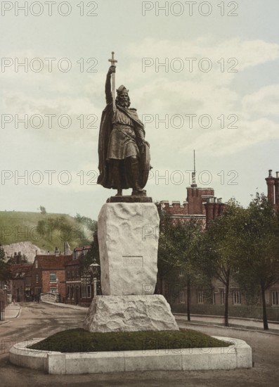 Statue of Alfred the Great in Winchester in the south of England, around 1890, Historical, digitally restored reproduction from a 19th century model