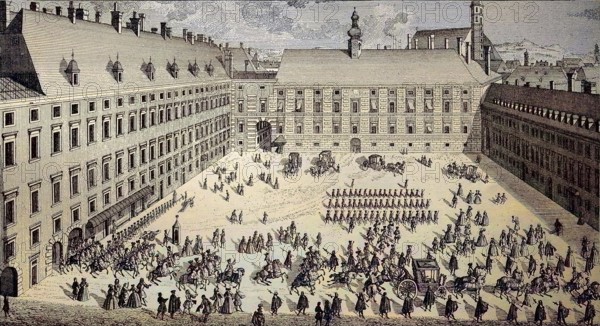 Parade and march at lunchtime on the Burgplatz of the Imperial Castle in Vienna, Austria, digital reproduction of an original from the 19th century, original date unknown, Europe