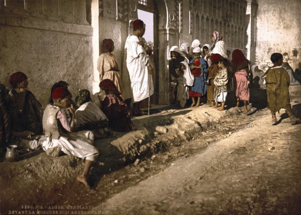 Beggar in front of the mosque Sidi Abderrhaman, Algiers, Algeria, ca 1890, Historical, digitally restored reproduction from a 19th century original, Record date not stated, Africa