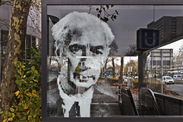 Portrait of Theodor Heuss on the glass pane at the underground exit Heussallee and Museumsmeile, Bonn, North Rhine-Westphalia, Germany, Europe