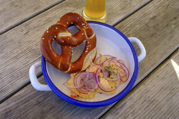 Snack, sausage salad, Obazda, food, kiosk in Sachenbach, at Walchensee, Jachenau, Upper Bavaria, Bavaria, Germany, Europe