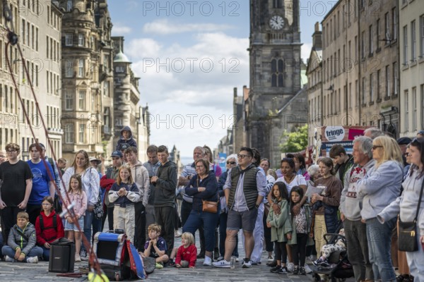 Audience at a performance, world's largest cultural festival The Fringe, High Street, Edinburgh, Scotland, United Kingdom, Great Britain, Europe