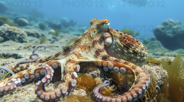 Octopus underwater with spread tentacles., AI generated