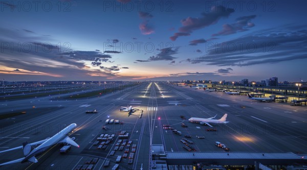 Aerial view international airport terminal, planes departing to multiple international locations., AI generated