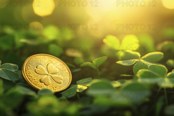 Shiny golden St. Parick's day coin with four leaved clover on clover plants with sun in background. Generative AI, AI generated