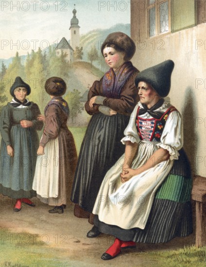 Traditional costumes in Germany around 1820, Tyrol, upper Inn valley, woman in traditional traditional costume in front of a church, in a traditional setting, digitally retouched reproduction of a model from around 1850, by Albert Kretschmer (27 February 1825, 11 July 1891), German painter and costumier