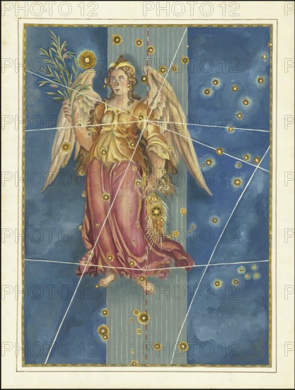 Astronomy. The celestial atlas, the Uranometria, Ptolemaic constellations, by Johann Bayer (1572 - 7 March 1625), German astronomer, Virgo, Virgo, constellation on the ecliptic, digitally enhanced reproduction of a historical model