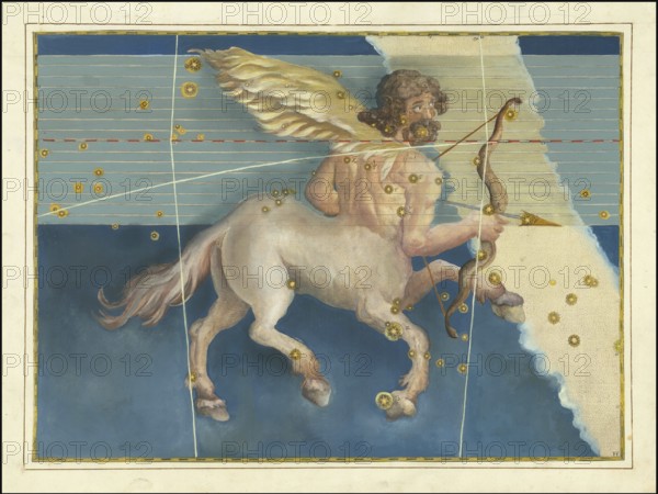 Astronomy. The Celestial Atlas, the Uranometria, Ptolemaic constellations, by Johann Bayer (1572 - 7 March 1625), German astronomer, Sagittarius, Sagittarius, constellation of the ecliptic, digitally enhanced reproduction of a historical model