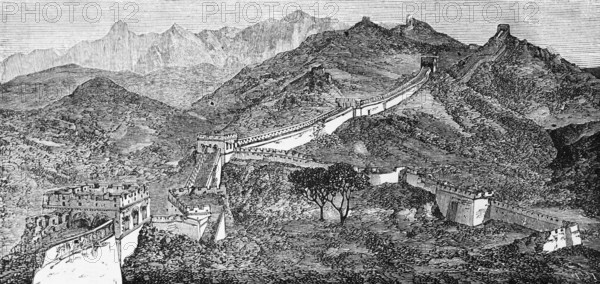 Great Wall of China, border defence system, built in the Ming Dynasty (1368-1644), some sections are UNESCO World Heritage Sites, watchtower, wall battlements, mountain landscape, travelling in Asia, China, historical illustration 1887, Asia