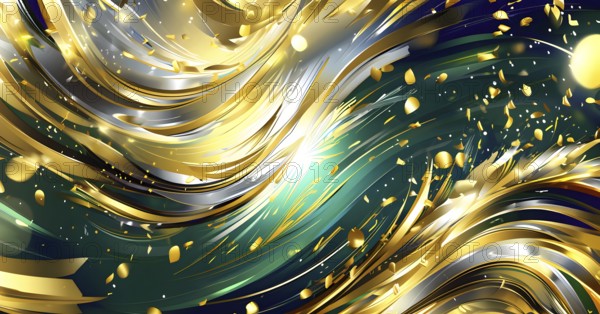 Abstract Illustration of energetic and dynamic swirl of gold, silver, and deep green hues, representing the passing of time and the burst of excitement associated with New Year's Eve, AI generated