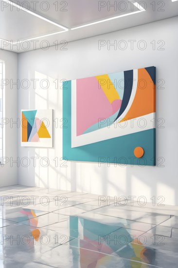 Art gallery with canvas and plastics in a 3D illustration, AI generated