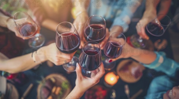 A group of people are raising their wine glasses in a toast at a party, AI generated