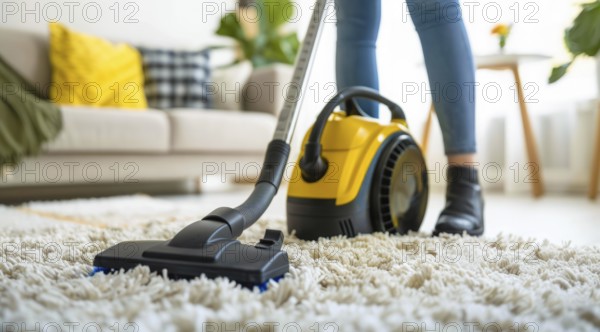 A woman is vacuuming a carpet in a living room. Apartment cleaning service, AI generated