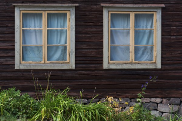 Old wooden window on a farmhouse, decoration, window, historic, old, old, muntin window, decorated, lovely, old-fashioned, rural, historical, country life, facade, curtains, dilapidated, weathered, tradition, traditional, Swedish, Scandinavian, farm, farmhouse, Scandinavia, Sweden, Europe