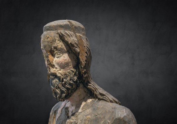 Detail of Christ, Palmesel, wooden figure c. 1350, on dark background, Diözesan Museum, Rottenburg, Baden-Württemberg, Germany, Europe