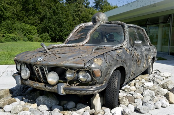 Former BMW 250cs by Lothar-Günther Buchheim, car under water with octopus, underwater, sculpture by Siegfried Ulmer, Museum der Phantasie, Bernried am Starnberger See, Upper Bavaria, Bavaria, Germany, Europe