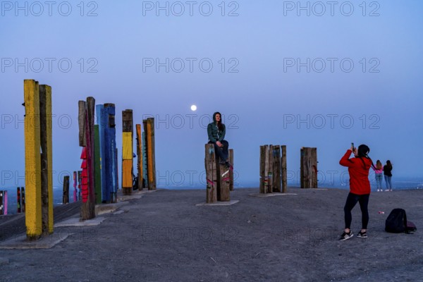 The Haniel spoil tip, 185 metre high spoil tip, at the Prosper Haniel mine, closed in 2019, artwork Totems by the sculptor Augustin Ibarrola, full moon, Bottrop, Germany, Europe