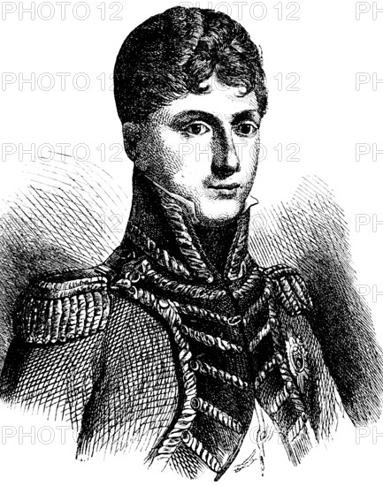 Portrait of Crown Prince Wilhelm of Württemberg, military leader against Napoleon Bonaparte in the Wars of Liberation, Wars of Liberation, uniform, medals, Prussia, historical illustration 1882