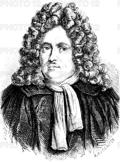 Portrait of Christian Thomasius, scholar at the court of Frederick II, curly wig, neckerchief, history of Prussia, historical illustration 1882