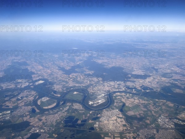 Aerial view from a great height View of the winding Old Rhine and the Rhine straightened for river shipping Hockenheim at bottom right Speyer in the centre Philippsburg at bottom left, Germany, Europe