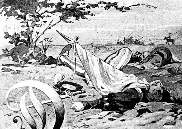 Pictures from the life of a soldier, death, dying for the fatherland, lying on the ground, flags, mourning, suffering, soldiers, sword, open field, horseman, historical illustration 1890