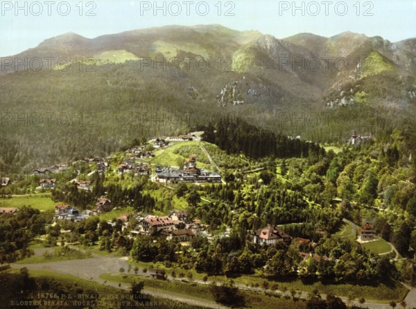 Pelesch Castle, Peles, Sinaia Monastery, Hotels, Barracks, Hungary and Villas, Sinaia, Romania, View from 1885, Historical, digitally restored reproduction from a 19th century original, Record date not stated, Europe