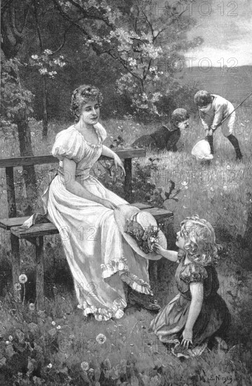 In spring, girl has picked a small bouquet of field flowers for her mother, Family idyll, Historical, digitally restored reproduction from a 19th century original, around 1890, Record date not stated