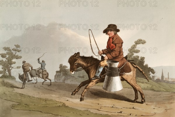 Scene from everyday life in England around 1810, boy transporting milk in a can on a donkey, milk boy, historical, digitally restored reproduction from a 19th century original, date unknown