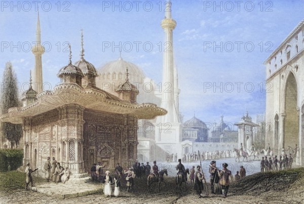 Fountain and Saint Sophia Square, Istambul, Turkey, Historical, digitally restored reproduction from a 19th century original, Record date not stated, Asia