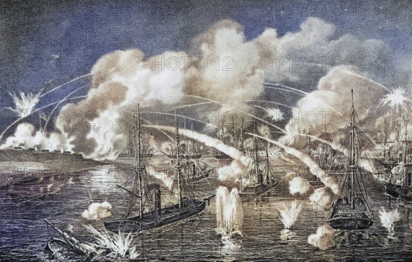 Midnight naval bombardment of Fort Jackson Louisiana 1862, USA, Historical, digitally restored reproduction from a 19th century original, Record date not stated, North America