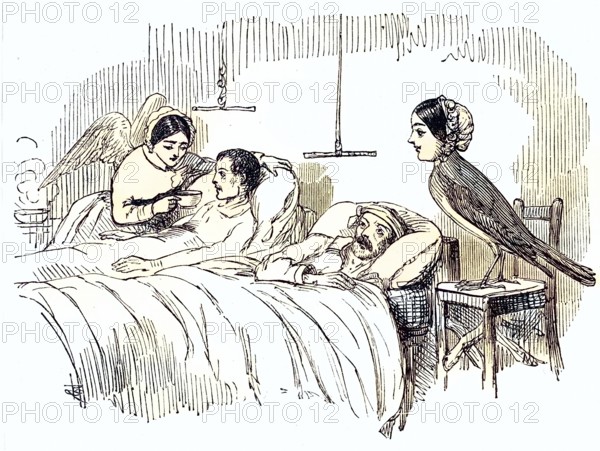 Florence Nightingale (12 May 1820 - 13 August 1910) was a British nurse, statistician, founder of modern western nursing, English nurse and one of her ministering angels in the Crimea, as seen by Punch, London, 1854. Crimean War 1853-1856. wood engraving, Historic, digitally restored reproduction from a 19th century original, Record date not stated