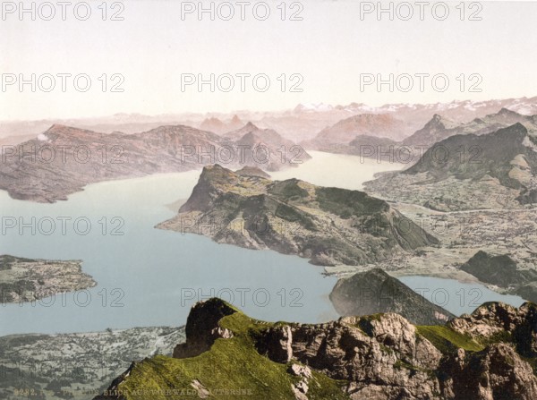 View over Lake Lucerne, Pilatus, Switzerland, Historic, digitally restored reproduction from a 19th century original, Record date not stated, Europe