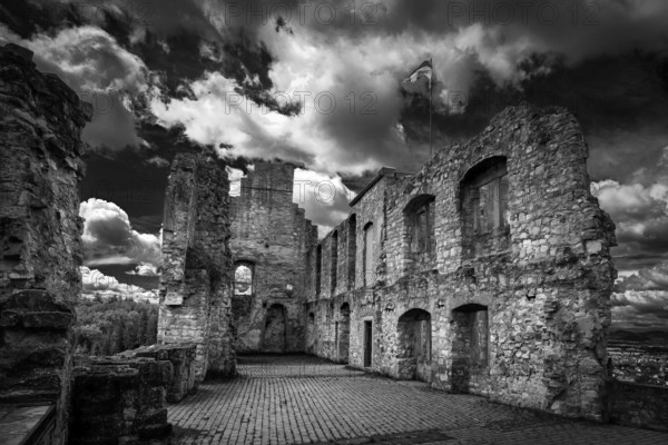 Black and white photo, Hochburg castle ruins, Emmendingen, Germany, Europe