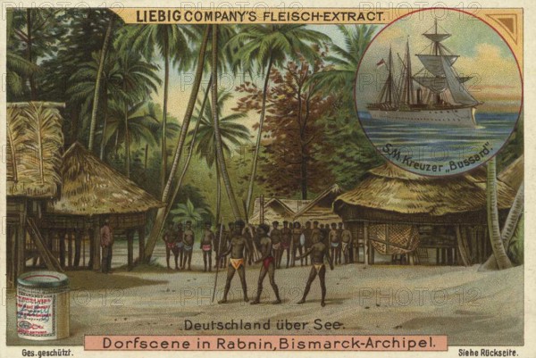 Picture series German overseas colonies, village scene in Rabnin, Bismarck Archipelago, belongs to Papua New Guinea, Liebig picture, digitally restored reproduction of a collector's picture from ca 1900, public domain, exact date unknown, village life under palm trees with huts and a ship in the distance in the Bismarck Archipelago