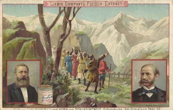 Series Explorers and World Travellers, Robert and Hermann Schlaginweit on an expedition in the Himalayas, travelling as scientists, explorers and mountaineers, Liebig image, digitally restored reproduction of a collector's image from ca 1900, public domain, exact date unknown, explorer in the Himalayas with portraits and snow-covered mountains