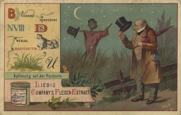 Picture series picture puzzle, Liebig picture, digitally restored reproduction of a collective picture from ca 1900, public domain, exact date unknown, An elderly man greets a scarecrow in a nocturnal setting with a cat