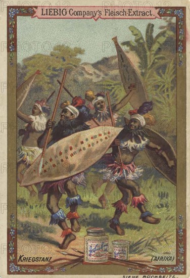 Picture series various dances, war dance of the Negroes in Africa, Liebig picture, digitally restored reproduction of a collector's picture from ca 1900, public domain, exact date unknown, African warriors energetically dancing a traditional war dance in an exotic landscape