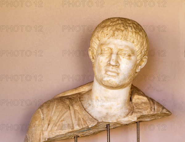 Carved marble portrait of Roman man, archaeology museum, Apollonia Archaeological Park, Albania 2nd-3rd century AD