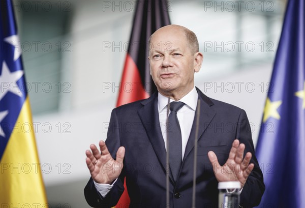 Olaf Scholz, Federal Chancellor, speaks at a press conference during the visit of the Chairman of the State Presidency of Bosnia and Herzegovina, at the Chancellery in Berlin, 07.05.2024.Denis Becirovic