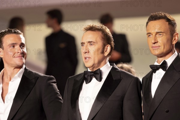 Cannes, France, 17.5.2024: Alexander Bertrand, Nicolas Cage, Julian McMahon at the premiere of The Surfer on the red carpet of the Palais des Festivals during the 77th Cannes International Film Festival. The 77th Cannes International Film Festival will take place from 14 to 25 May 2024, Europe