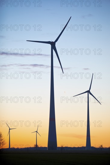 Wind turbines at dawn, Wevelsburg wind farm, Büren, Paderborn plateau, North Rhine-Westphalia, Germany, Europe